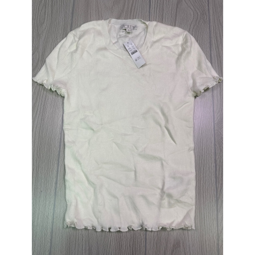 J.Crew Ribbed Lettuce Edge Short Sleeve Top In White Size Womans Medium NWT